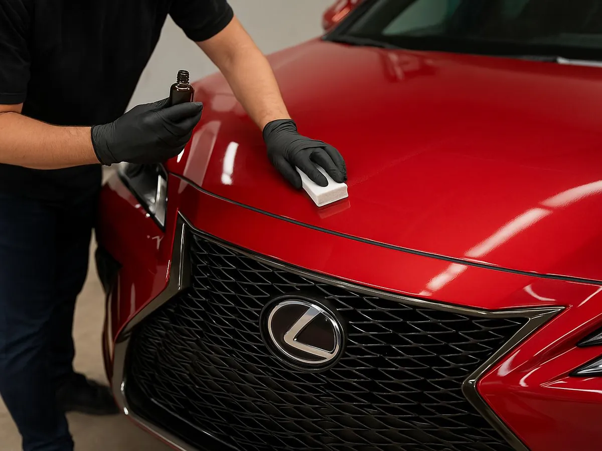 Detailer applying ceramic coating to the front of a red Lexus