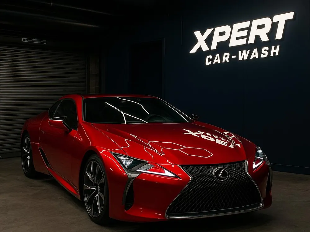 Red coated sports car under hexagon lights in front of the Xpert Car Wash sign